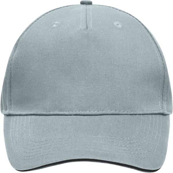 A grey 5 Panel Sandwich Cap featuring a rounded peak and a logo on the front.