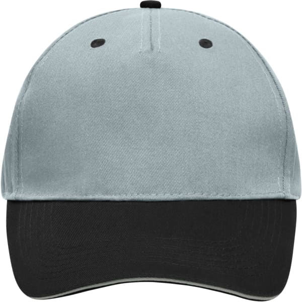 A light grey 5 Panel Sandwich Cap with a black peak and a logo on the front.