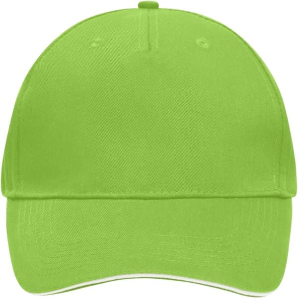 A bright green 5 Panel Sandwich Cap with a curved peak and a logo on the front.