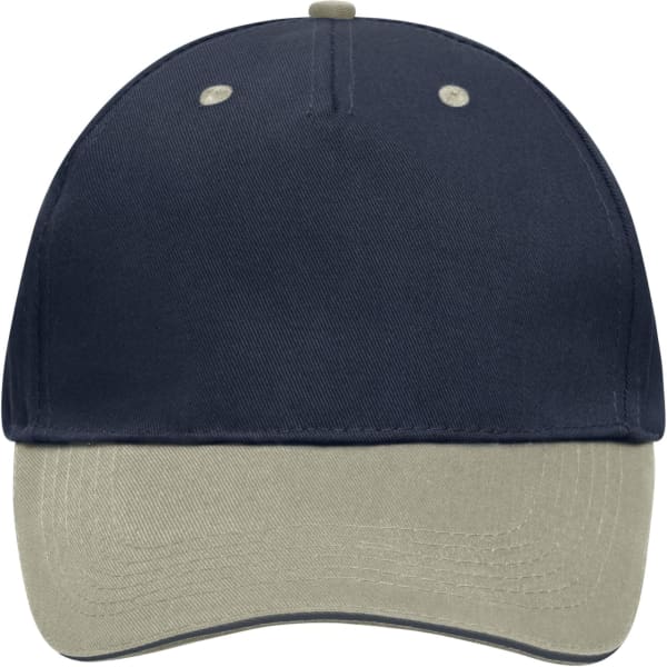 A 5 panel sandwich cap in navy blue and beige, featuring a front brim and a logo.