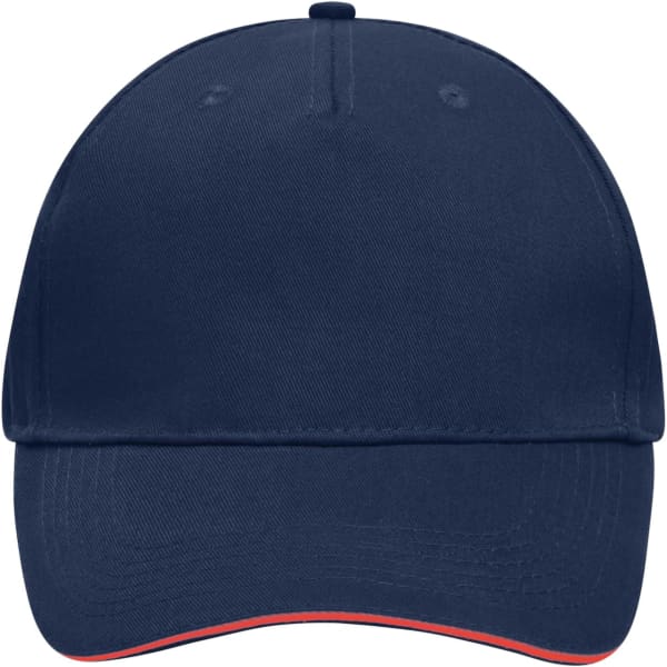 A navy blue 5 panel sandwich cap with a contrasting brim and a logo on the front.