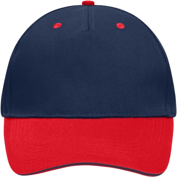 A five-panel sandwich cap featuring a navy blue crown and a red brim. It includes a branding logo.