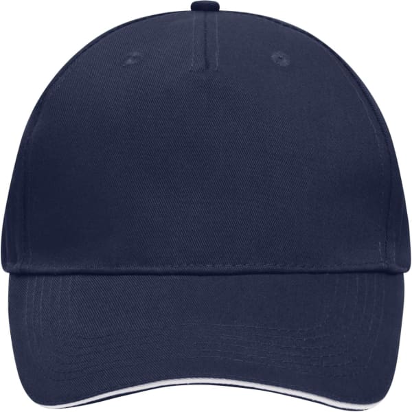 A navy 5 Panel Sandwich Cap with a visor and an integrated logo. Suitable for various casual settings.