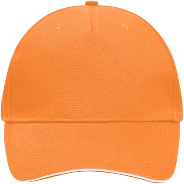 An orange 5 panel sandwich cap with a structured design and a logo on the front.