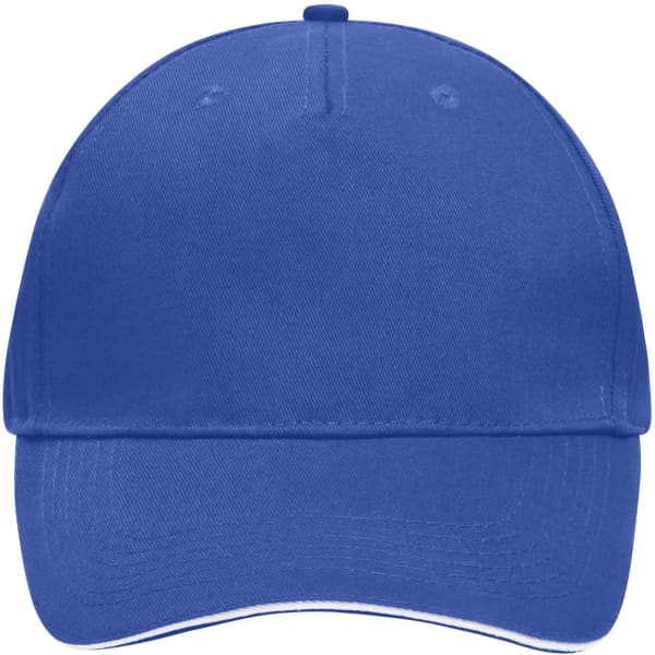 A blue 5 Panel Sandwich Cap with a curved brim and a logo on the front.