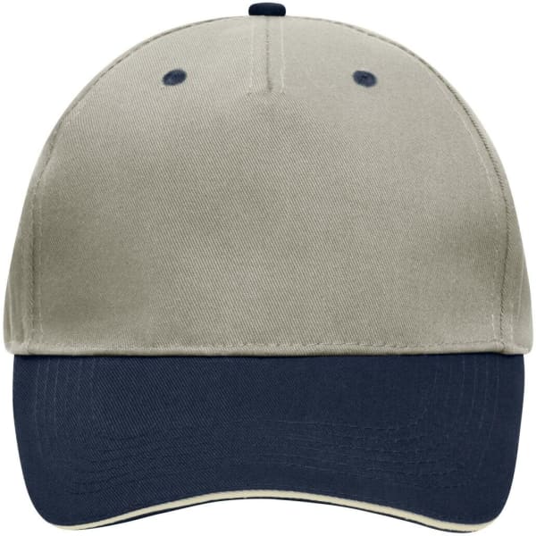 A 5-panel sandwich cap in beige and navy, featuring a structured design and a logo on the front.
