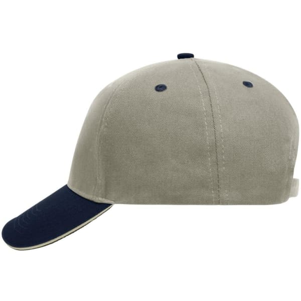 A 5 Panel Sandwich Cap in beige with a navy peak and an adjustable strap at the back. It features a logo.