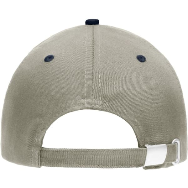 A beige 5 Panel Sandwich Cap featuring a dark blue peak, with a rear adjustable strap and a logo.