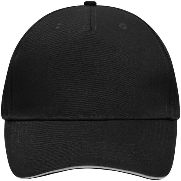 A black 5 panel sandwich cap with a curved brim and a logo on the front.