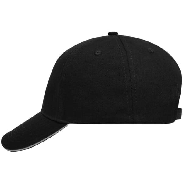 A black 5 Panel Sandwich Cap with a curved brim and a logo on the side.