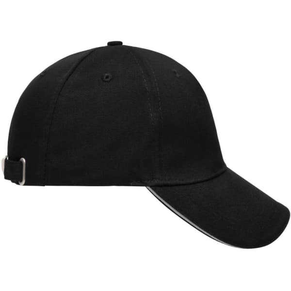 A black 5 panel sandwich cap featuring a curved brim and an adjustable strap at the back.