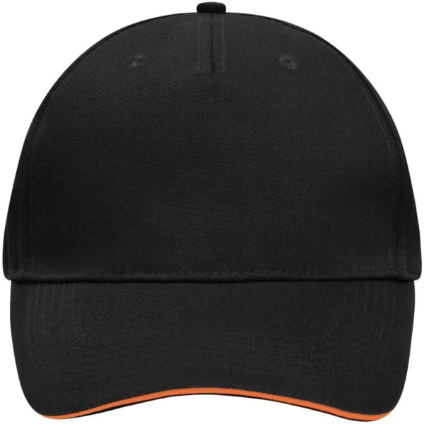 A black 5 panel sandwich cap with an orange underbrim and a branding logo on the front.
