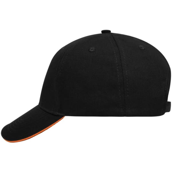 A black 5-panel sandwich cap with an orange trim and a logo on the side.