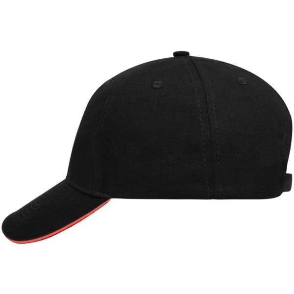 A black 5 panel sandwich cap with a red trim and a logo on the side.