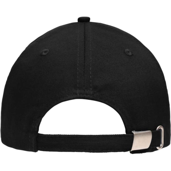 A black 5 panel sandwich cap featuring a buckle fastening and an adjustable strap at the back.