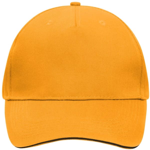 A bright yellow 5-panel sandwich cap with a curved brim and a logo on the front.