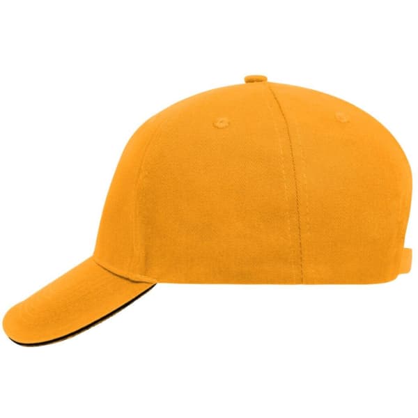 An orange 5 panel sandwich cap featuring a curved brim and a vented design with a logo.