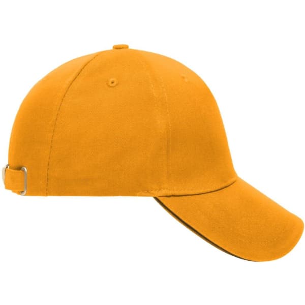 An orange 5 Panel Sandwich Cap featuring a curved brim and an adjustable strap at the back.