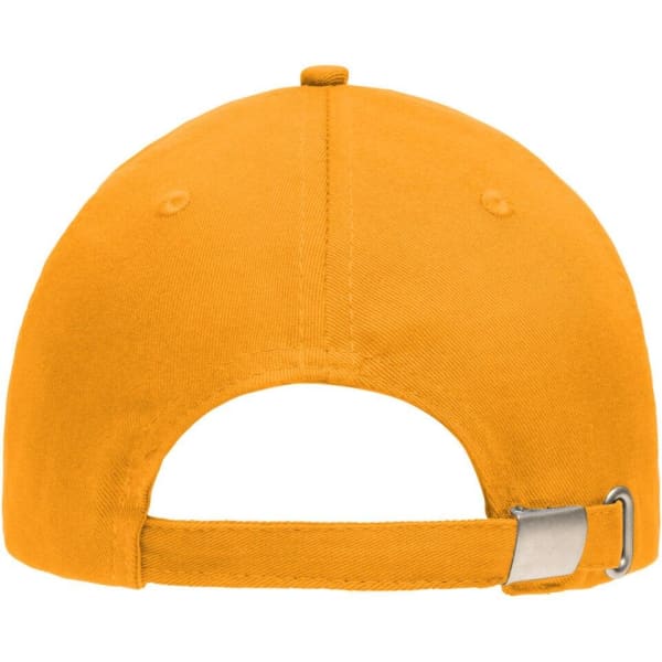 A yellow 5 panel sandwich cap featuring a rear adjuster and a logo on the back.
