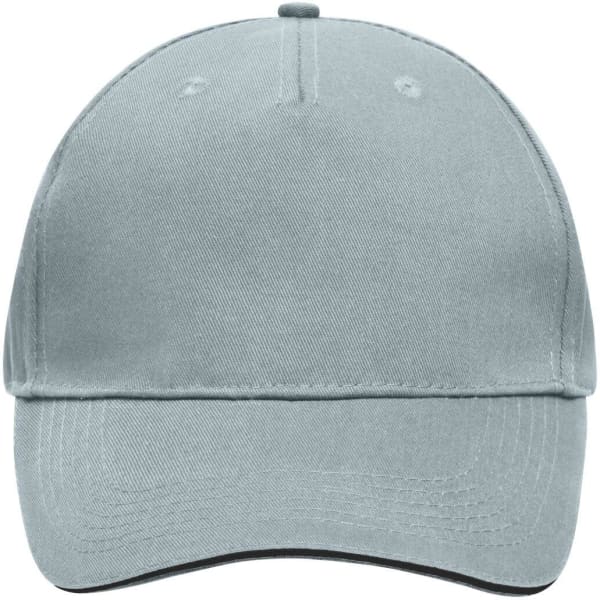 A grey 5 panel sandwich cap with a curved brim and a logo on the front.