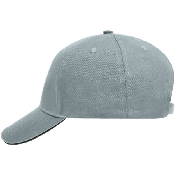 A grey 5 Panel Sandwich Cap with a curved brim and an adjustable strap at the back, featuring a logo.
