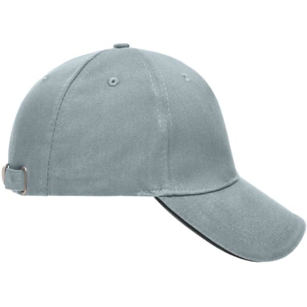 A grey 5 Panel Sandwich Cap with a curved peak and an adjustable strap at the back, featuring a logo.