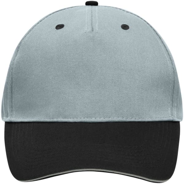 A grey and black 5 Panel Sandwich Cap featuring a rounded crown and a curved brim, with a logo on the front.
