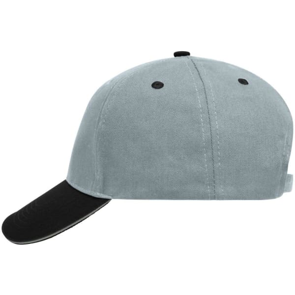 A grey and black 5 Panel Sandwich Cap with a curved brim and a logo on the side.