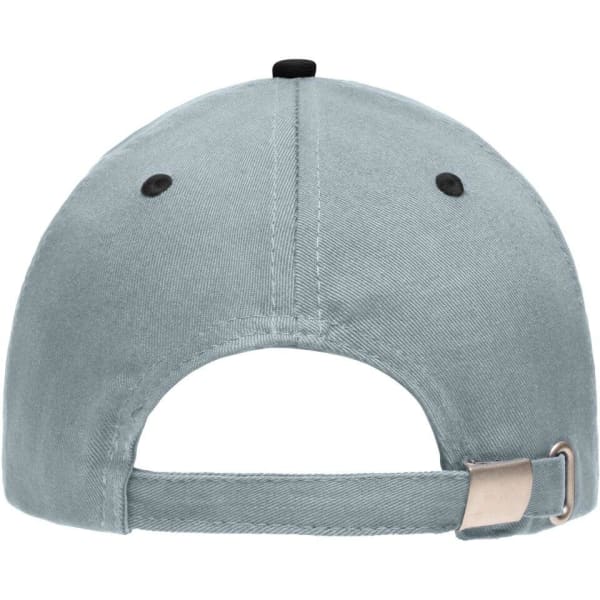 A grey 5 Panel Sandwich Cap with a black button on top and an adjustable strap at the back.