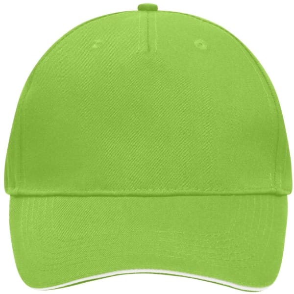 A bright green 5 Panel Sandwich Cap with a curved brim and a logo on the front.
