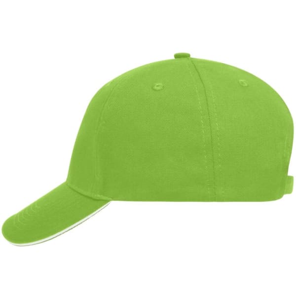 A vibrant green 5 panel sandwich cap featuring a curved brim and a rear adjustable strap. It has a logo on it.