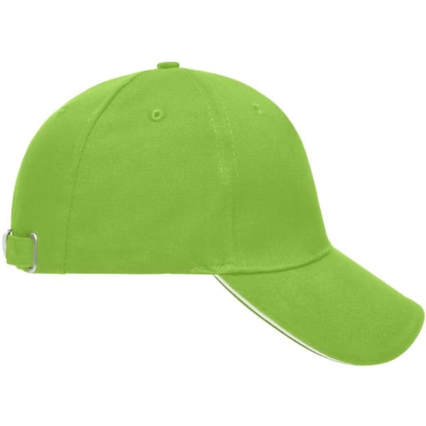 A bright green 5 Panel Sandwich Cap featuring a curved peak and an adjustable strap at the back, with a branding logo.