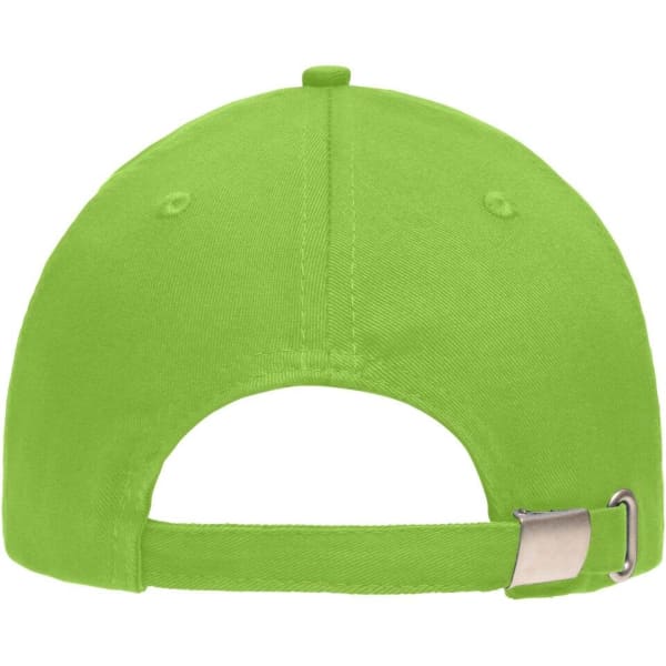 A bright green 5 Panel Sandwich Cap featuring a metal adjustable strap at the back and a logo.