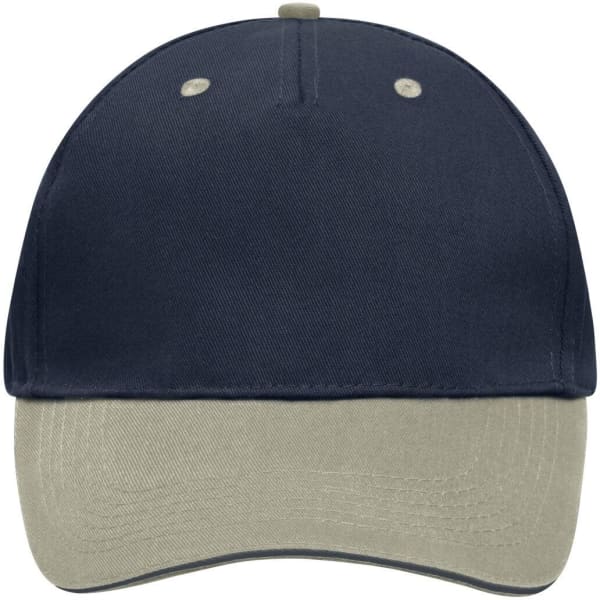 A navy blue and khaki 5 Panel Sandwich Cap featuring a logo on the front.