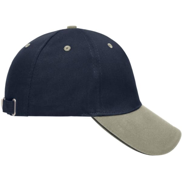 A navy and khaki 5 Panel Sandwich Cap with an adjustable strap and a logo on the side.