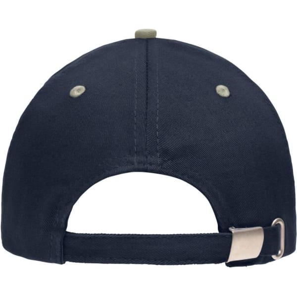 A navy blue 5 panel sandwich cap featuring a fastener and light-coloured eyelets. It has a simple design and a logo.