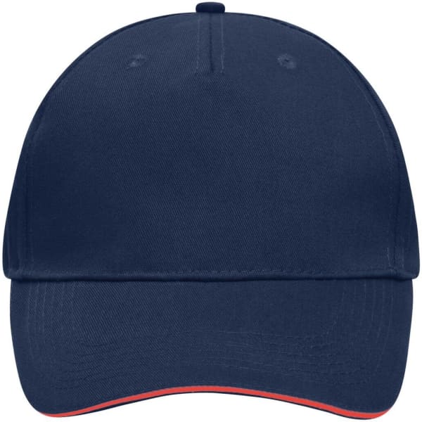 A navy blue 5 Panel Sandwich Cap featuring an underbill in a contrasting colour and a logo on the front.
