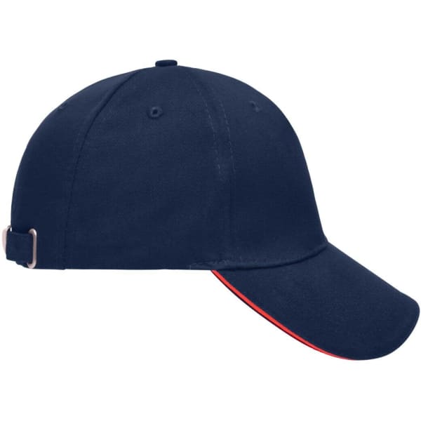 A navy blue 5 Panel Sandwich Cap featuring a red accent, designed with an adjustable strap and a logo.