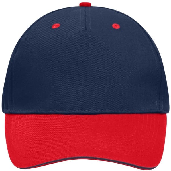 A navy blue and red 5 Panel Sandwich Cap featuring a structured design and a logo on the front.