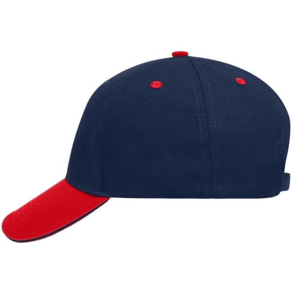 A navy blue and red 5 panel sandwich cap featuring a logo on the side.