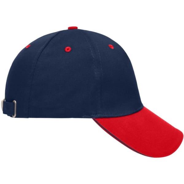 A navy and red 5 panel sandwich cap with an adjustable strap and a logo on the front.