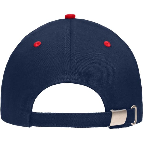 A navy blue 5 Panel Sandwich Cap featuring red accents and an adjustable strap at the back.