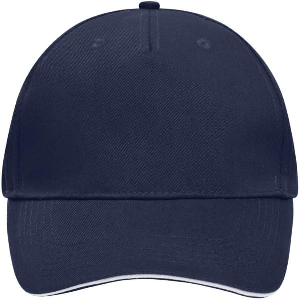 A navy blue 5 panel sandwich cap with a curved peak and a logo on the front.
