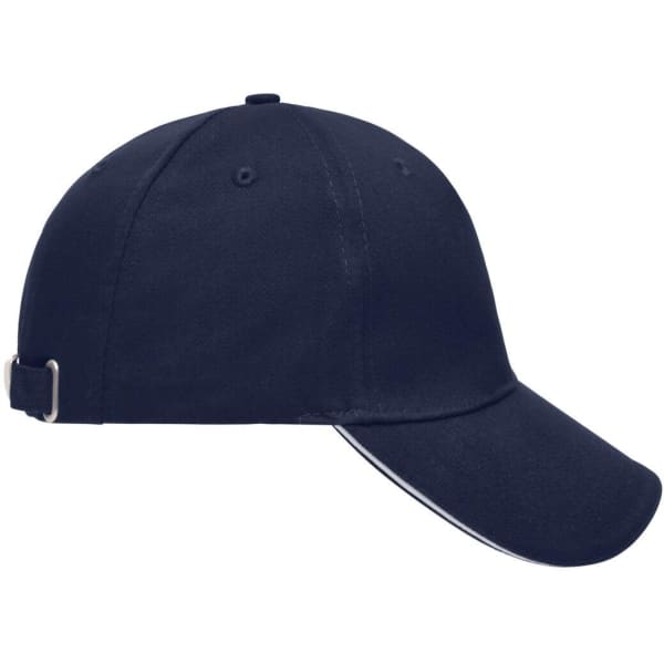 A navy blue 5 Panel Sandwich Cap with a curved brim and adjustable strap at the back, featuring a logo.