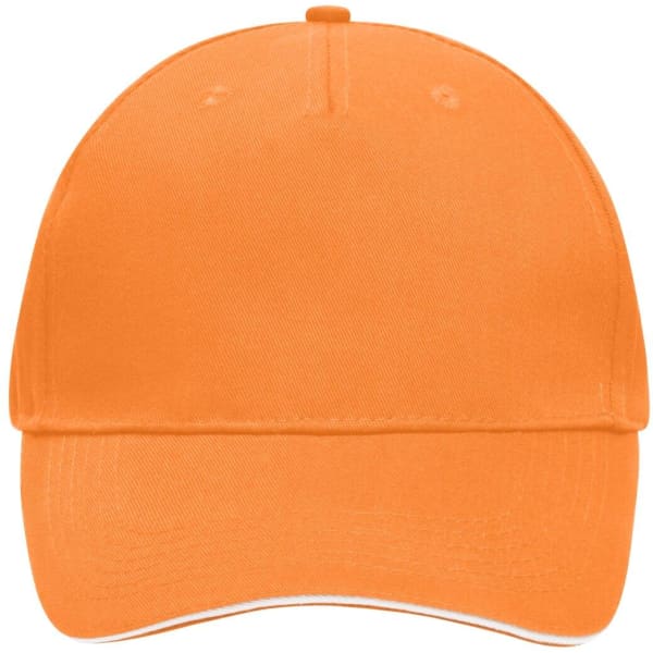 An orange 5 panel sandwich cap with a seamless design and a logo on the front.