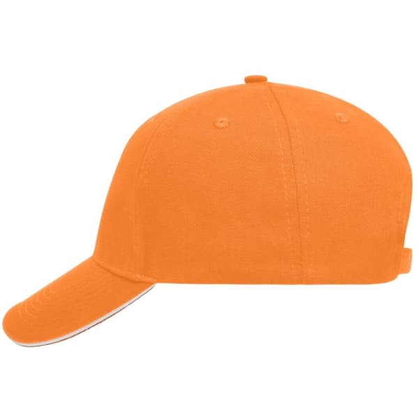An orange 5 Panel Sandwich Cap with a smooth finish and an adjustable strap at the back. It features a logo.
