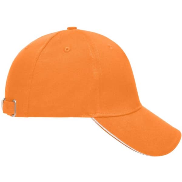 An orange 5 Panel Sandwich Cap with a curved brim and an adjustable strap at the back.