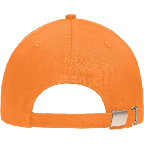 An orange 5 Panel Sandwich Cap with a rear adjustable strap and metal clasp. Features a logo on the side.
