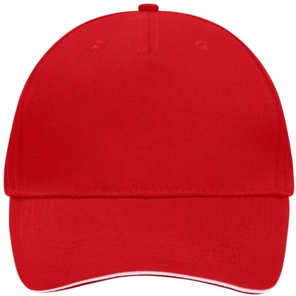 A red 5 Panel Sandwich Cap featuring a logo on the front and a contrasting brim.