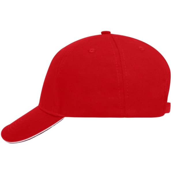 A red 5 Panel Sandwich Cap featuring a contrasting design and a logo.